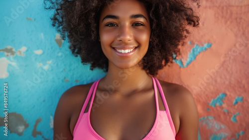 Radiant Young Woman Embracing Body Positivity and Fitness, Smiling Confidently in a Pink Sports Bra, Against a Colorful Background, Celebrating Self-Love and Healthy Living - Generative AI © iamfrk7