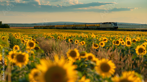A train is traveling through a field of yellow flowers