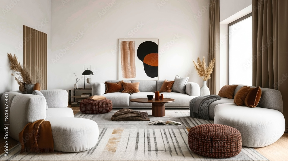 Elegantly designed modern living room with stylish furniture and decorative accents.