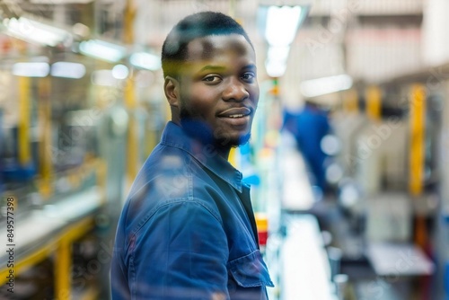 Portrait of a joyful African American male factory worker standing confidently at a production line in a manufacturing facility, wearing a blue uniform and smiling brightly at the camera.
