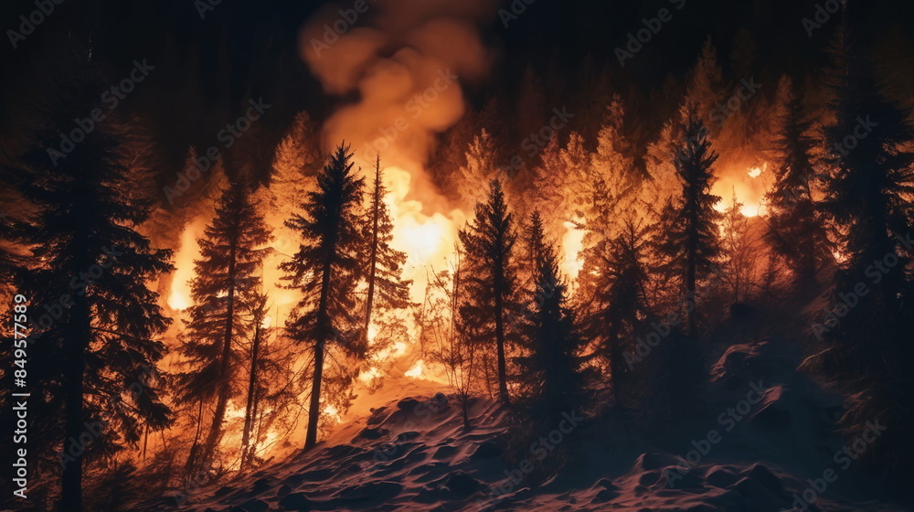 Close-up on a fire on a hilly pine forest at night Close-up on a fire on a hilly pine forest at night