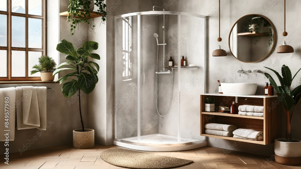 Modern bathroom interior with lush green plants and natural light Modern bathroom interior with lush green plants and natural light