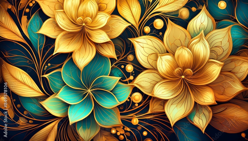 Fototapeta premium Elegant Golden and Teal Floral Pattern