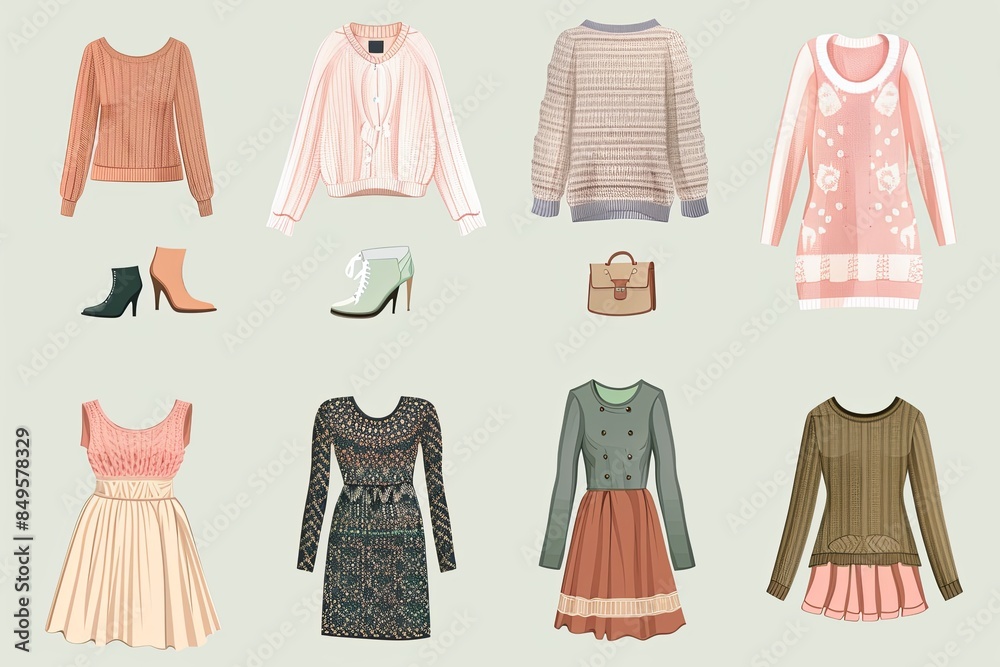 Casual women's clothing. Knitted clothing, fashionable clothing. Collection of women's clothing isolated set. Light colored women's dress. Casual women's clothing. Knitted clothing, fashionable clothing. Collection of women's clothing isolated set. Light colored women's dress.
