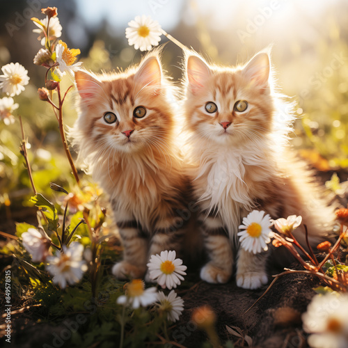 Adorables gatitos peludos de raza de distintos colores sentados adornados y rodeados de flores silvestres. Imagen idilica de animales. photo