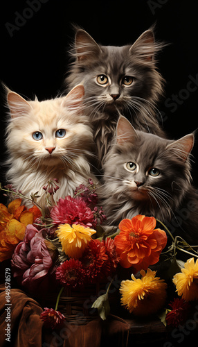 Adorables gatitos peludos de raza de distintos colores sentados adornados y rodeados de flores silvestres. Imagen idilica de animales. photo