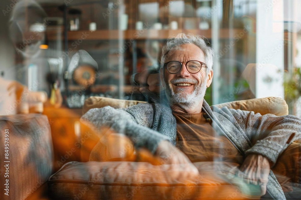 Smiling and Content Middle-Aged Man Enjoying a Moment of Relaxation on a Plush, Comfortable Sofa in a Warm and Inviting Cozy Living Room Setting Smiling and Content Middle-Aged Man Enjoying a Moment of Relaxation on a Plush, Comfortable Sofa in a Warm and Inviting Cozy Living Room Setting