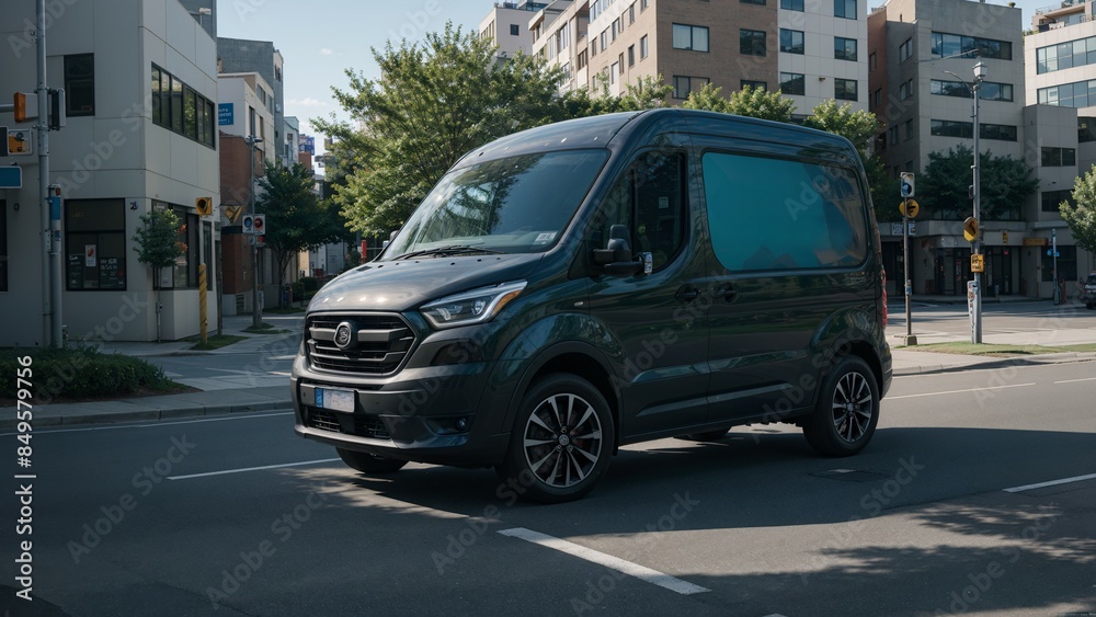 Electric delivery van cruise down a city street under a clear sky Electric delivery van cruise down a city street under a clear sky
