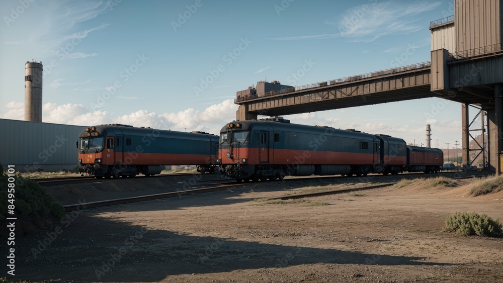 Modern cargo train in a high tech industrial landscape Modern cargo train in a high tech industrial landscape