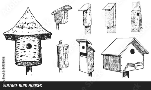 Vintage Vector Birdhouse Collection Isolated on White Background