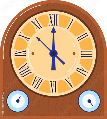 Oldfashioned clock wood frame, Roman numerals marking hours, two small dials below main face. Wooden clock vintage style dcor, isolated white background timeless design piece. Illustrative antique