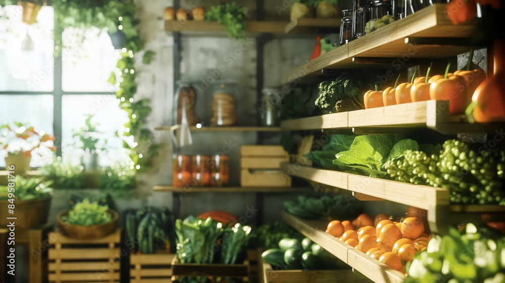 Sunlit indoor vegetable shelf with a variety of fresh produce and green plants.