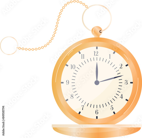Elegant gold pocket watch, classic timepiece chain. Vintage accessory, clock displaying time against isolated white background. Antique clock design, gold watch illustration, timekeeping nostalgia