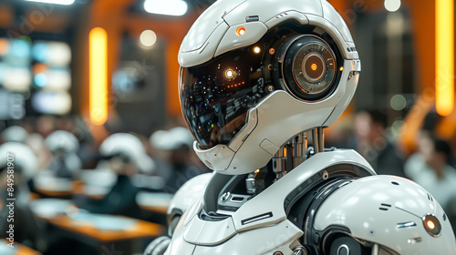 A robot with a white helmet and orange lights on its face stands in a crowd of robots. Concept of futuristic technology and a feeling of being part of a larger, organized group