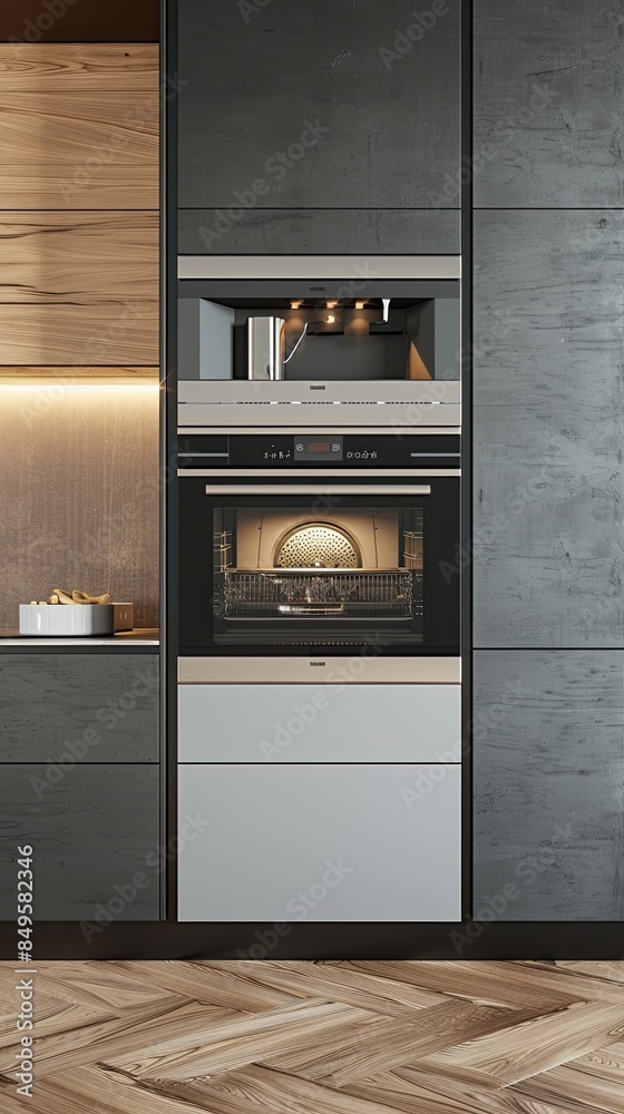 a modern kitchen interior adorned with gray and white cabinets, built-in appliances seamlessly integrated into the wall, and light wood flooring, offering a contemporary culinary haven. a modern kitchen interior adorned with gray and white cabinets, built-in appliances seamlessly integrated into the wall, and light wood flooring, offering a contemporary culinary haven.