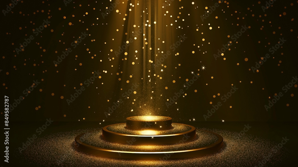 Elegant golden stage with sparkling particles and dramatic lighting in ...
