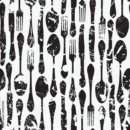 seamless pattern with cutlery fork spoon and knife in grunge style. Suitable for vintage Wallpaper, wrapping paper, fabric