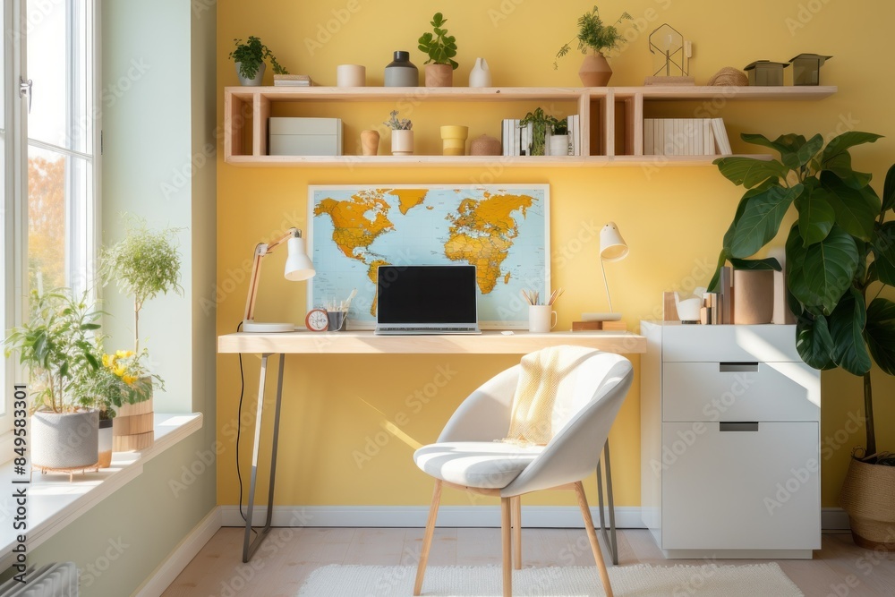 Fototapeta premium A yellow and white room with a desk and chair