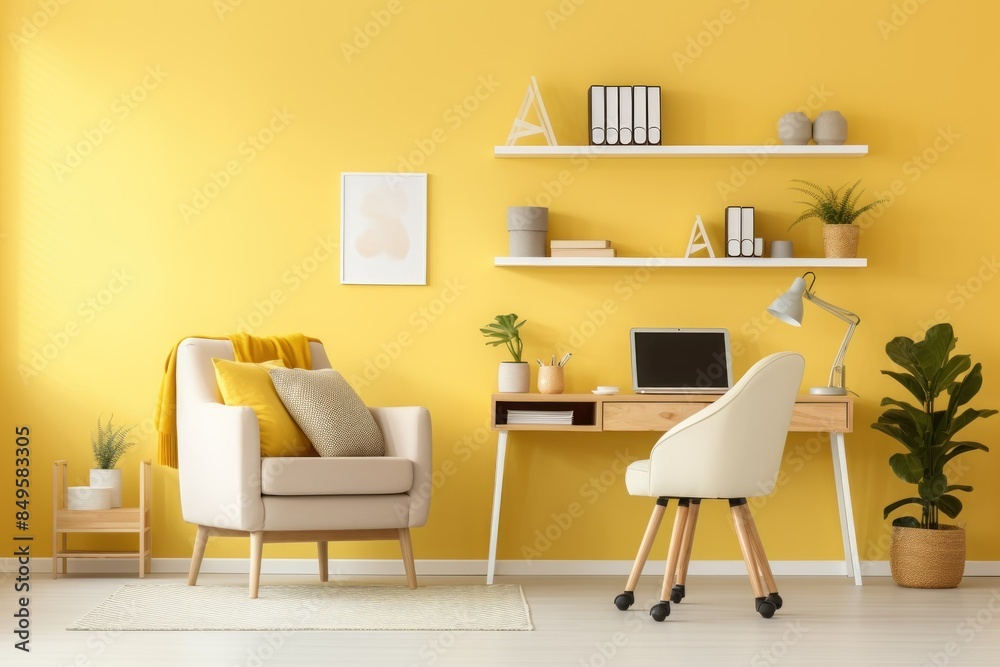 A yellow and white room with a desk and chair A yellow and white room with a desk and chair