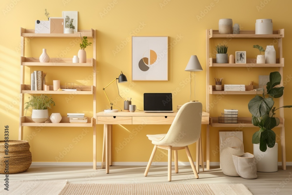A yellow and white room with a desk and chair A yellow and white room with a desk and chair