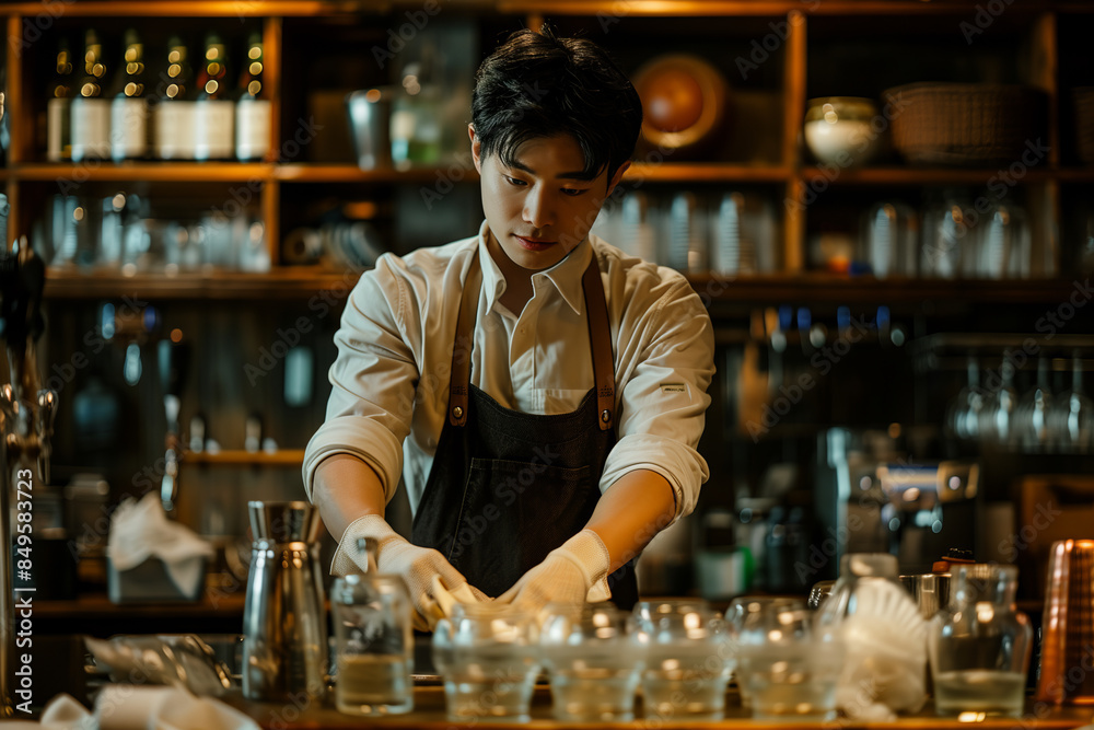 An Asian male employee is cleaning equipment at the bar counter in a cafe. An Asian male employee is cleaning equipment at the bar counter in a cafe.