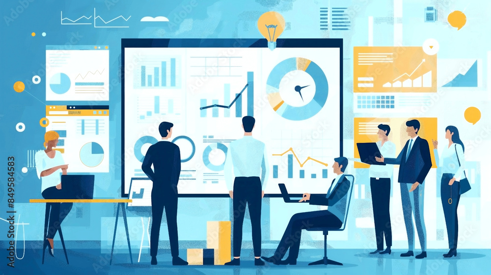 Animated professionals analyzing data on large dashboard screens in a corporate setting.