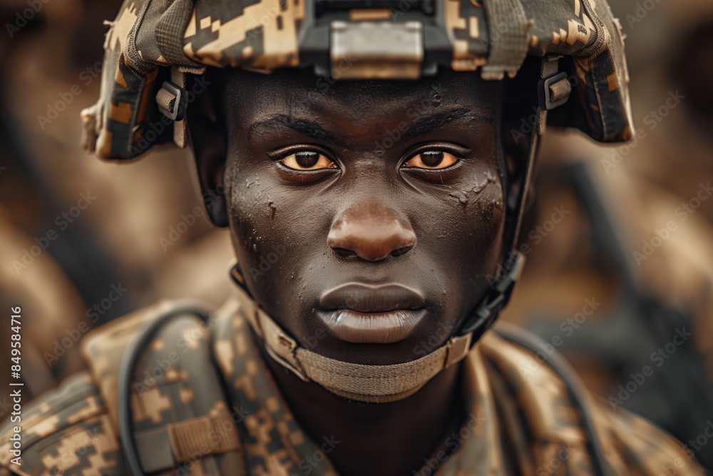 Closeup of African American male soldier in camouflage military uniform performing duties in the forest. Closeup of African American male soldier in camouflage military uniform performing duties in the forest.