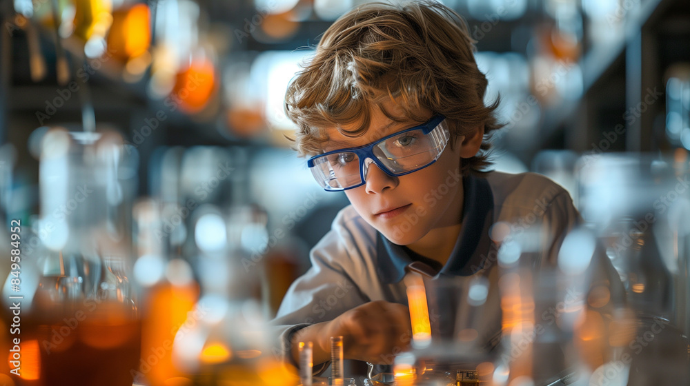 Young boy conducting a science experiment in a laboratory. He wears protective goggles, focusing intently on his work with colorful chemical solutions in beakers. Perfect for educational and scientifi Young boy conducting a science experiment in a laboratory. He wears protective goggles, focusing intently on his work with colorful chemical solutions in beakers. Perfect for educational and scientifi
