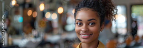 African American female customer smiling confidently in hair salon.