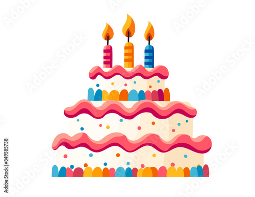 Triple layer birthday cake with three burning candle vector illustration isolated on white background