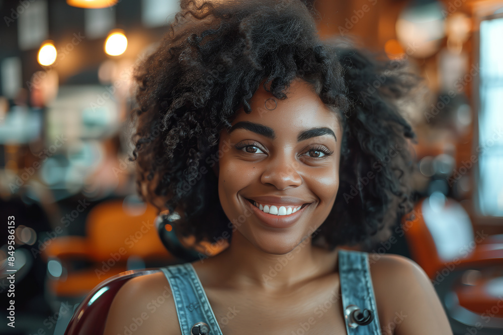 African American female customer smiling confidently in hair salon. African American female customer smiling confidently in hair salon.
