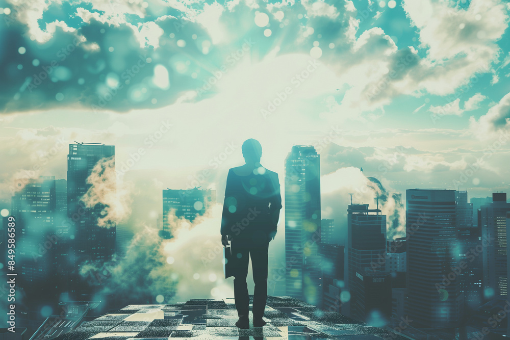 A silhouetted figure stands on a rooftop, bathed in bright sunlight, overlooking a sprawling city skyline, creating a powerful and inspiring scene of ambition and vision A silhouetted figure stands on a rooftop, bathed in bright sunlight, overlooking a sprawling city skyline, creating a powerful and inspiring scene of ambition and vision