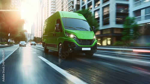 Bright green delivery van speeding through an urban street at sunset