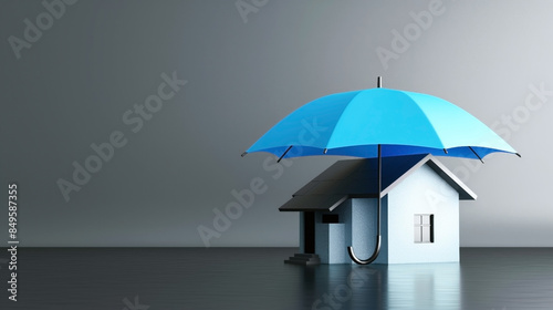 Wallpaper Mural A small model house covered by a large blue umbrella on a reflective gray surface Torontodigital.ca