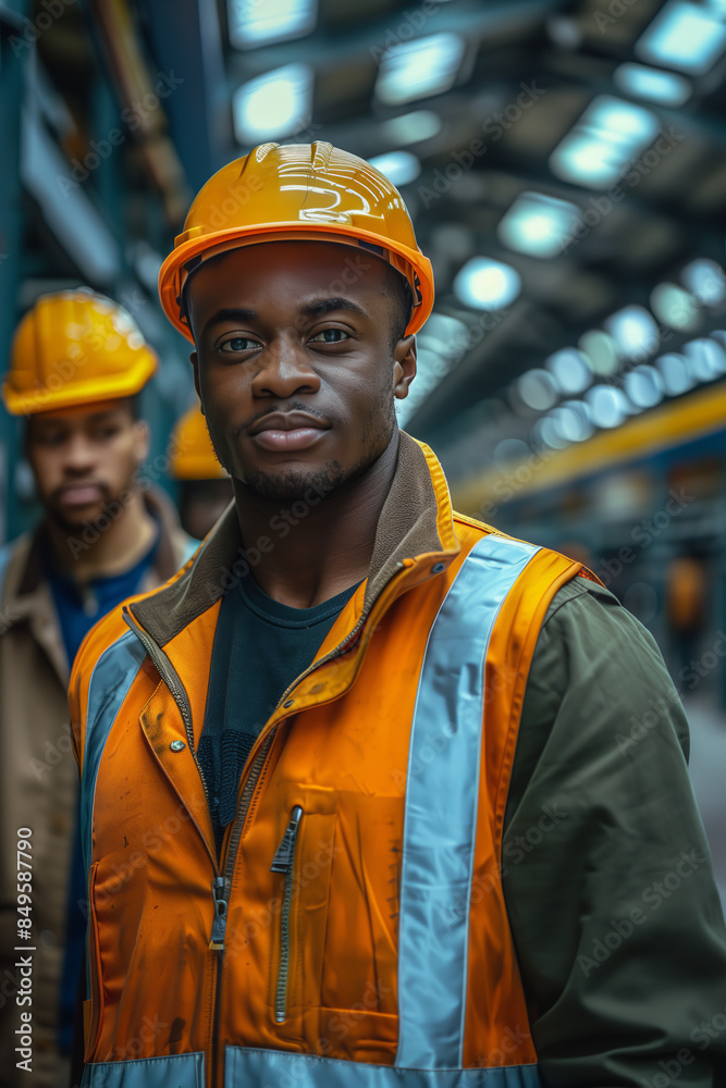 African American male employee in uniform working in a factory warehouse.