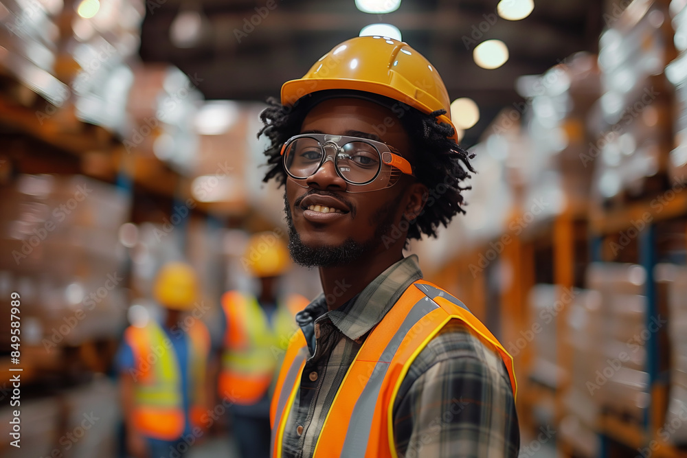 African American male employee in uniform working in a factory warehouse. African American male employee in uniform working in a factory warehouse.