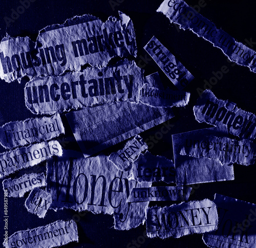 Negative economic newspaper headlines including uncertainty, housing and money in duotone blue photo