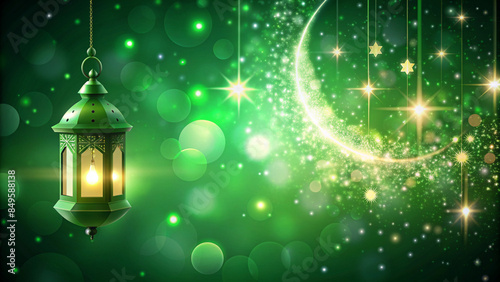 Elegant Ramadan Islamic Lantern Background with Green Space and Sparkles © bingo