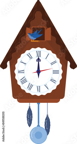 Brown wooden cuckoo clock blue bird emerging door. Roman numeral clock face dark blue hands. Two weights light pendulum hanging below clock