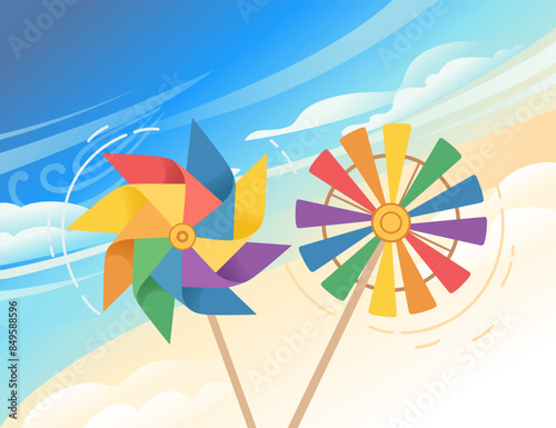 Colorful pinwheel toy and sky with clouds on background vector illustration