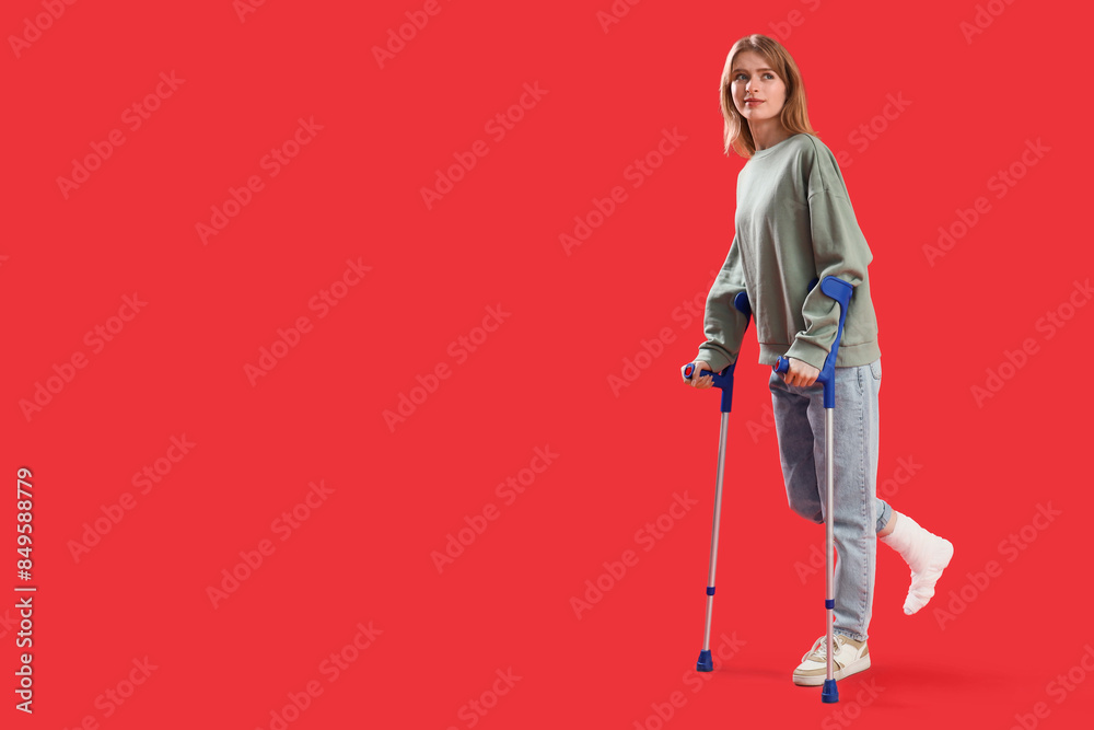 Injured young woman after accident with broken foot and crutches on red background Injured young woman after accident with broken foot and crutches on red background