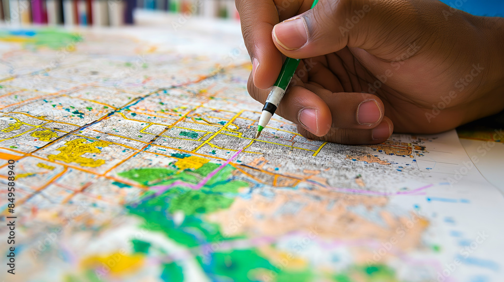 Urban planner analyzing city map and zoning areas with colored markers to strategize future developments. Urban planner analyzing city map and zoning areas with colored markers to strategize future developments.