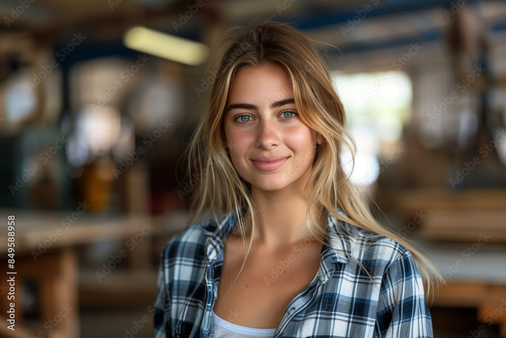 Caucasian woman smiling with confidence in wooden furniture factory. Caucasian woman smiling with confidence in wooden furniture factory.