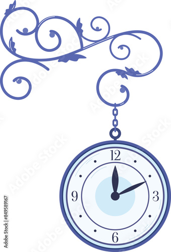 Decorative hanging clock surrounded ornate swirls, classic vintage style, light blue dark blue colors, isolated white background. Elegant wallmounted clock living room hallway, detailed floral