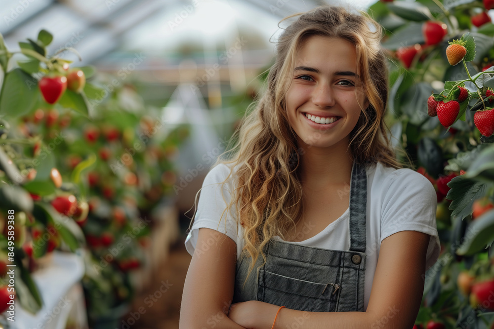 Caucasian woman smiles with confidence in greenhouse growing strawberry plants. Caucasian woman smiles with confidence in greenhouse growing strawberry plants.