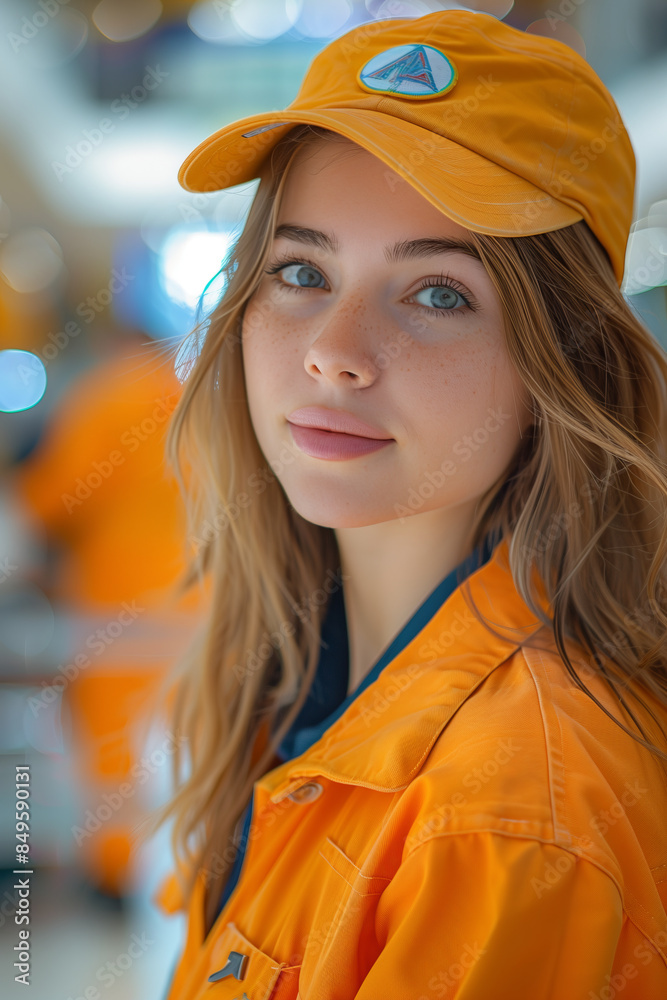 Caucasian female cleaner in uniform looking at camera with confidence in shopping mall.