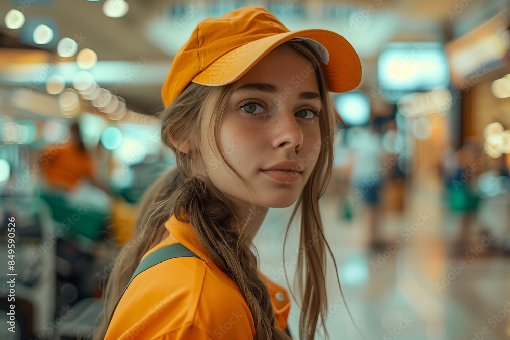 Caucasian female cleaner in uniform looking at camera with confidence in shopping mall. Caucasian female cleaner in uniform looking at camera with confidence in shopping mall.