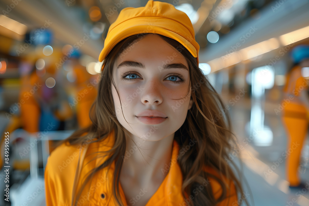 Caucasian female cleaner in uniform looking at camera with confidence in shopping mall. Caucasian female cleaner in uniform looking at camera with confidence in shopping mall.