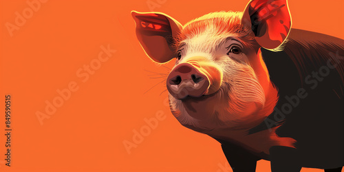 Veterinary agricultural banner copy space, tricolor spotted pig on orange red background photo
