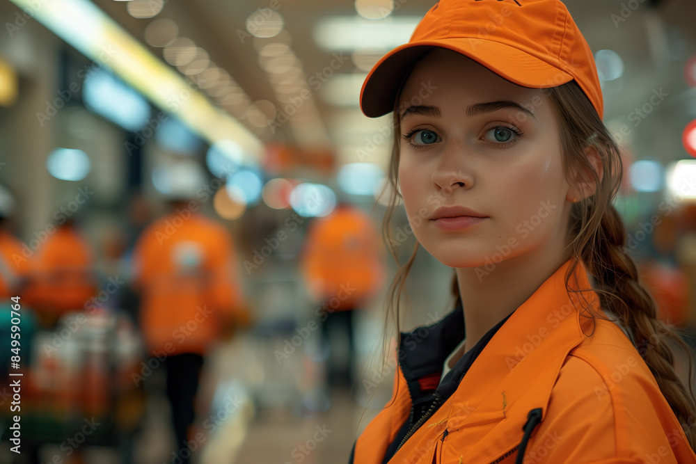 Caucasian female cleaner in uniform looking at camera with confidence in shopping mall. Caucasian female cleaner in uniform looking at camera with confidence in shopping mall.
